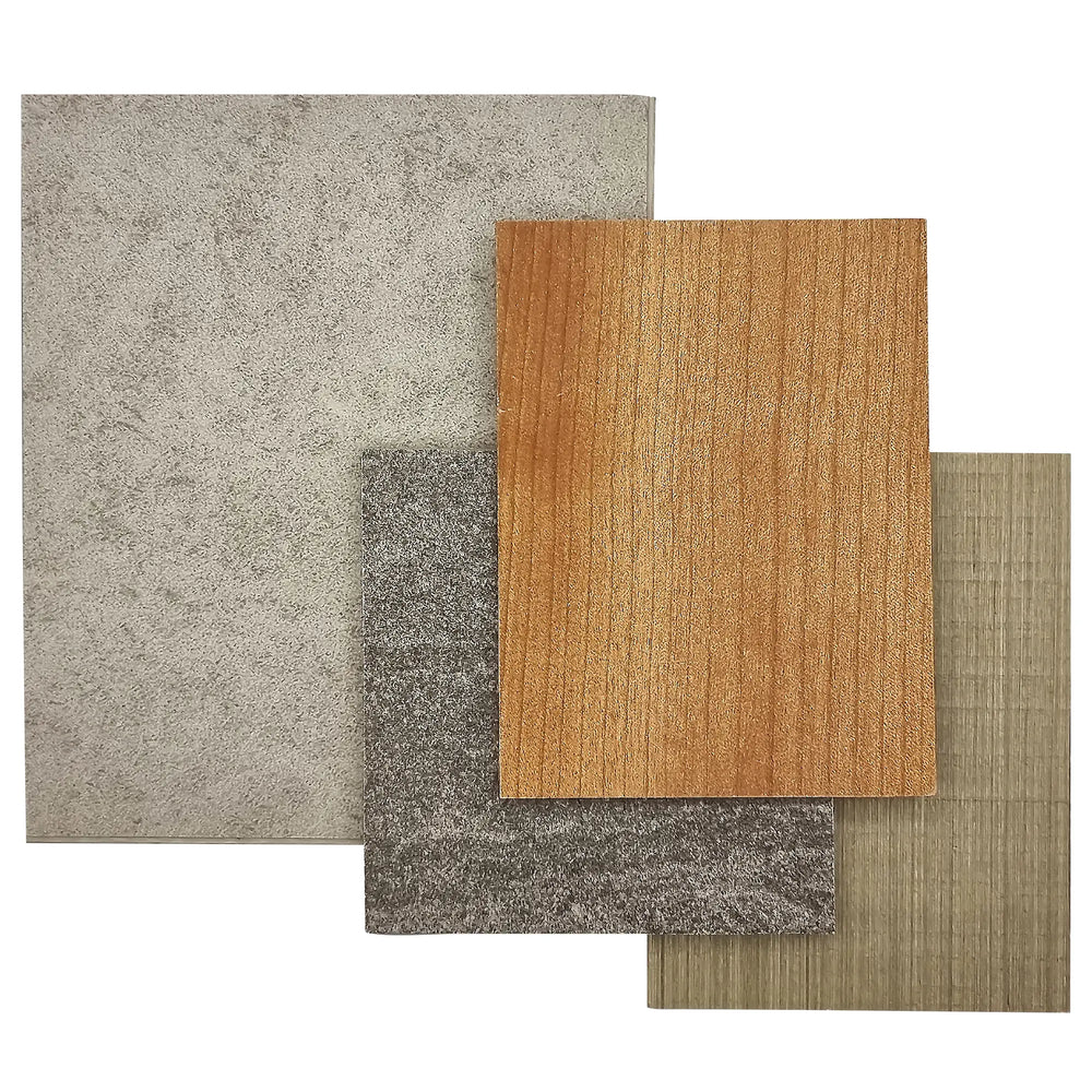 moodboard di vari legni caldi e freddi insieme a piastrelle gres beige grigie