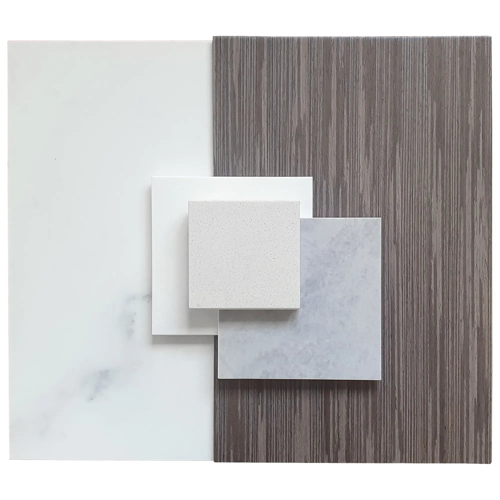 moodboard con tonalità marmoree, biancastre con legno freddo