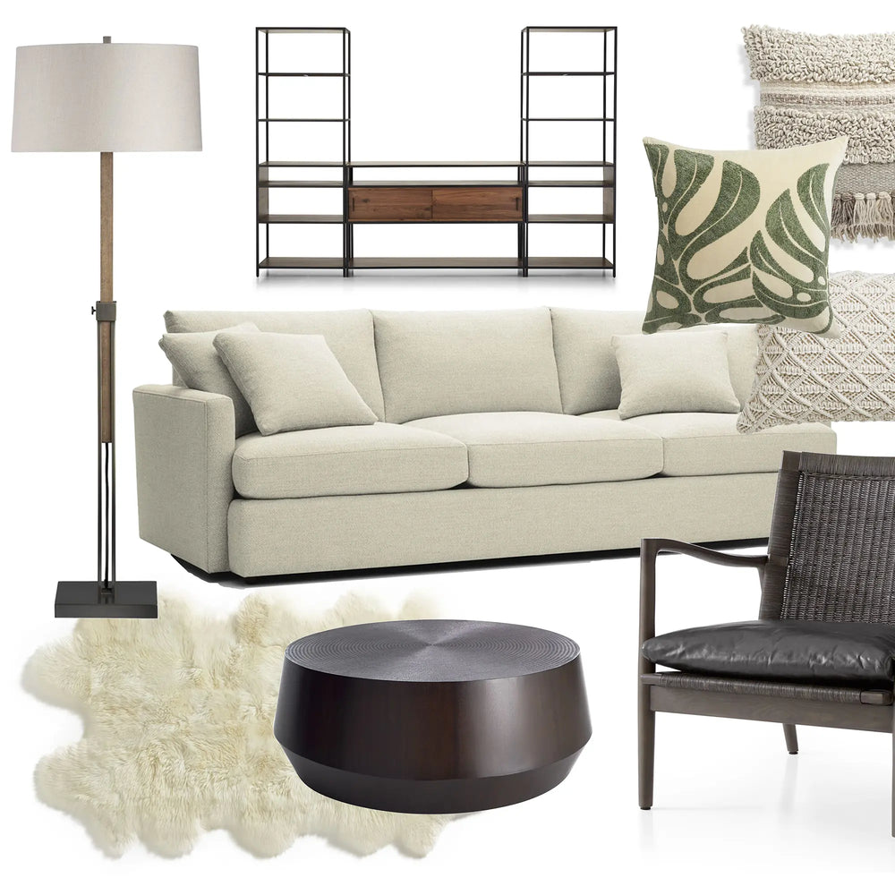 componenti d'arredo dallo stile moderno e caldo con tonalità panna, verdi e marroni