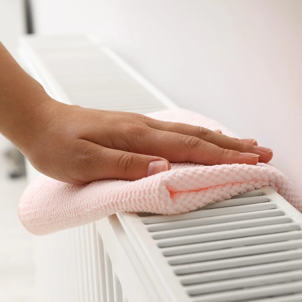 donna che pulisce con panno un radiatore